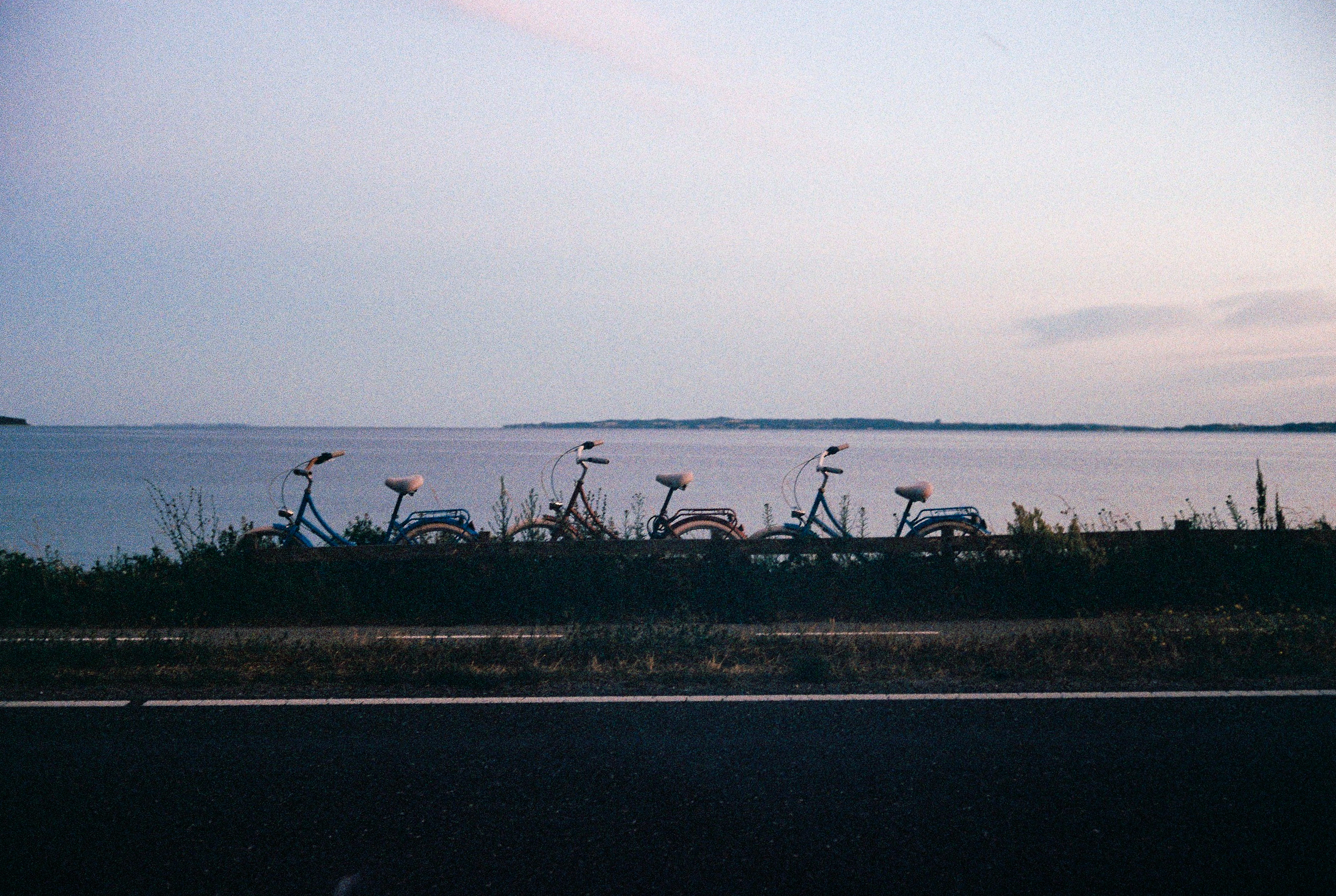 Three bicycles parked beside a quiet stretch of water at dusk